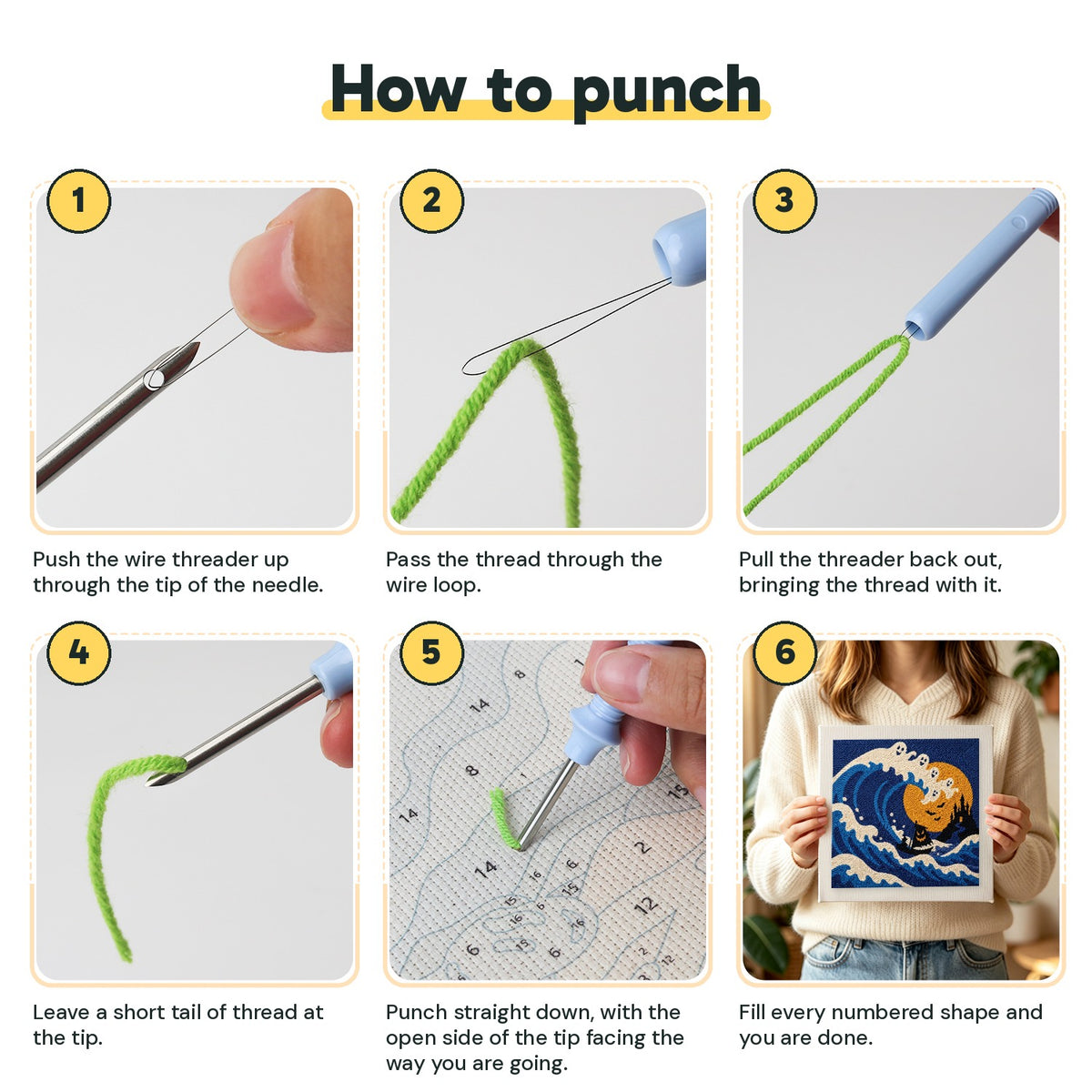 Six steps showing how to thread and use the punch needle