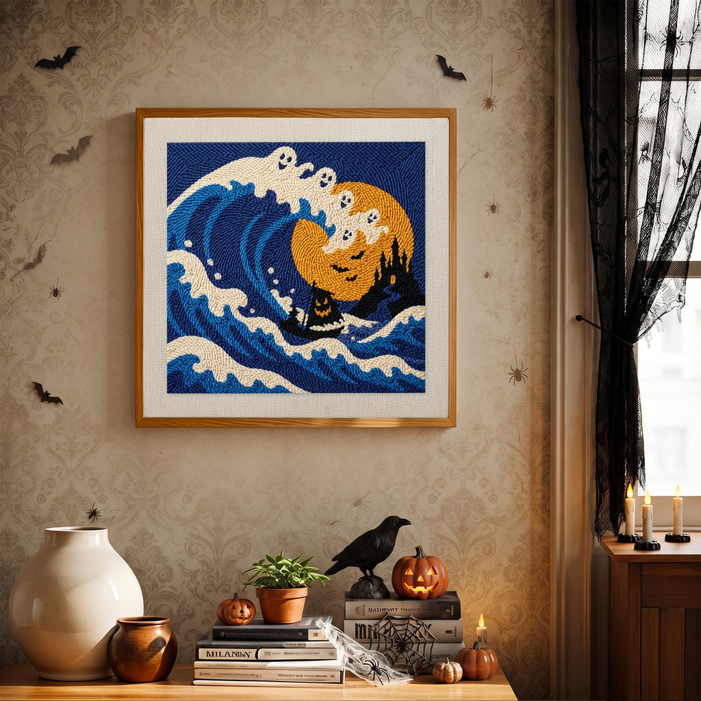 Finished Great Ghost Wave punch needle canvas on a wall