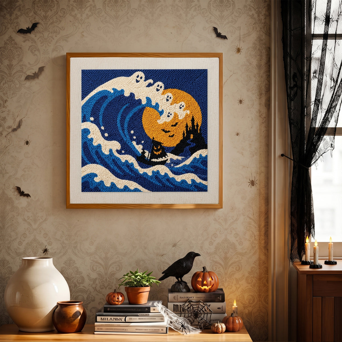 Finished Great Ghost Wave punch needle canvas on a wall
