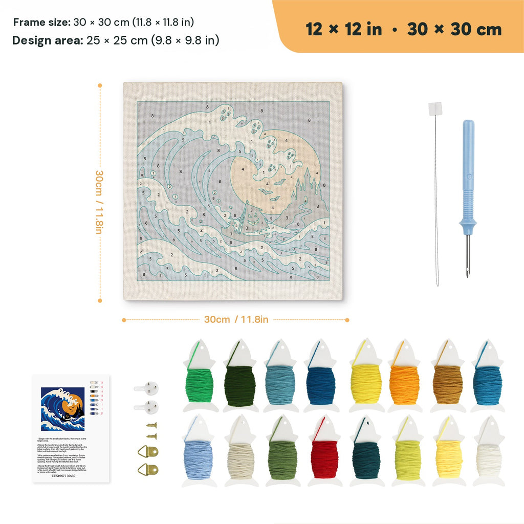Great Ghost Wave punch needle kit, 12 × 12 in (30 × 30 cm): canvas size and kit contents