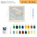 Great Ghost Wave punch needle kit, 12 × 12 in (30 × 30 cm): canvas size and kit contents