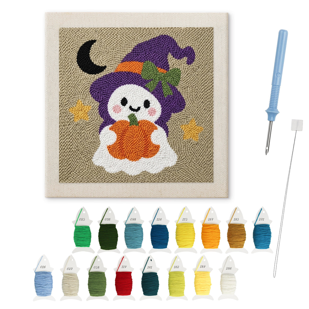 Green Bow Ghost punch needle kit: finished canvas with threads, punch needle and threader