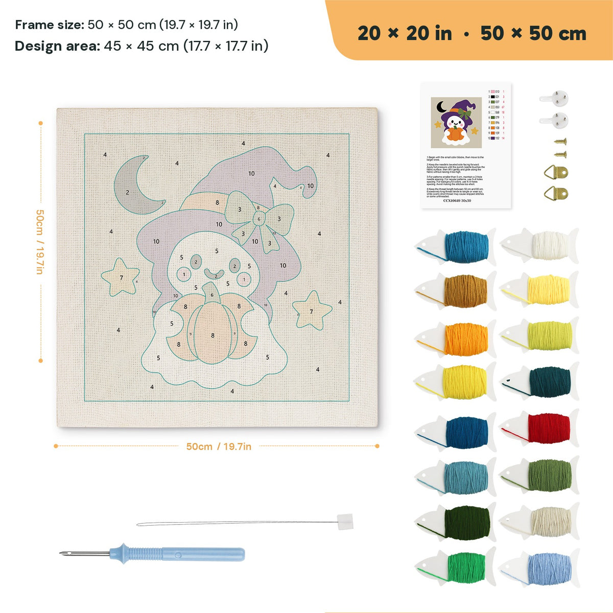 Green Bow Ghost punch needle kit, 20 × 20 in (50 × 50 cm): canvas size and kit contents