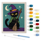 Green Cape Witch Cat punch needle kit: finished canvas with threads, punch needle and threader