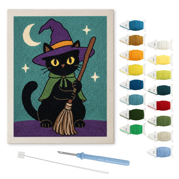Green Cape Witch Cat punch needle kit: finished canvas with threads, punch needle and threader