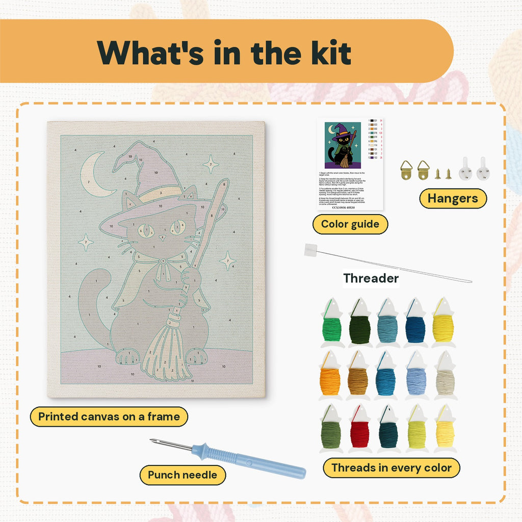 What is in the Green Cape Witch Cat kit: printed canvas, punch needle, threader, threads, color guide and hangers