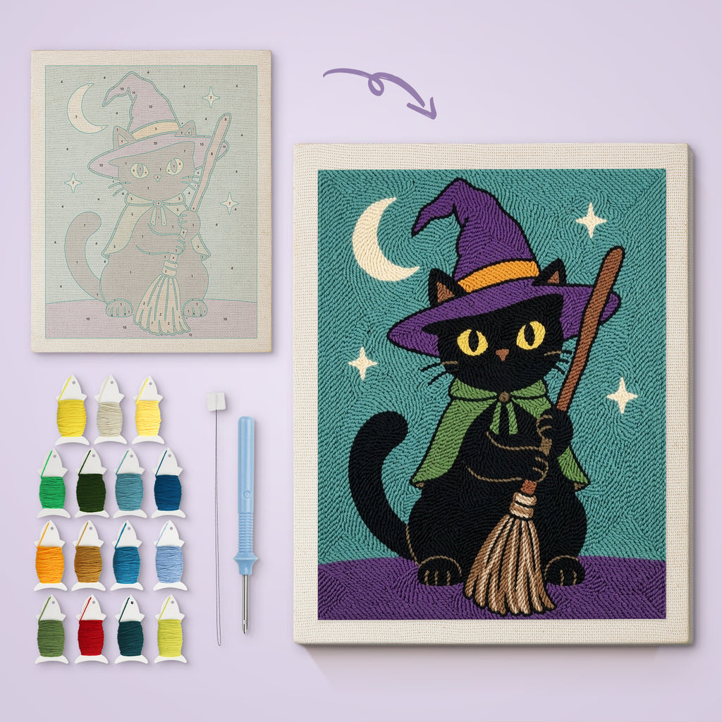 Green Cape Witch Cat canvas before and after punching, with the threads and tools