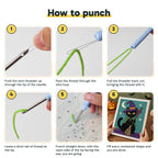 Six steps showing how to thread and use the punch needle