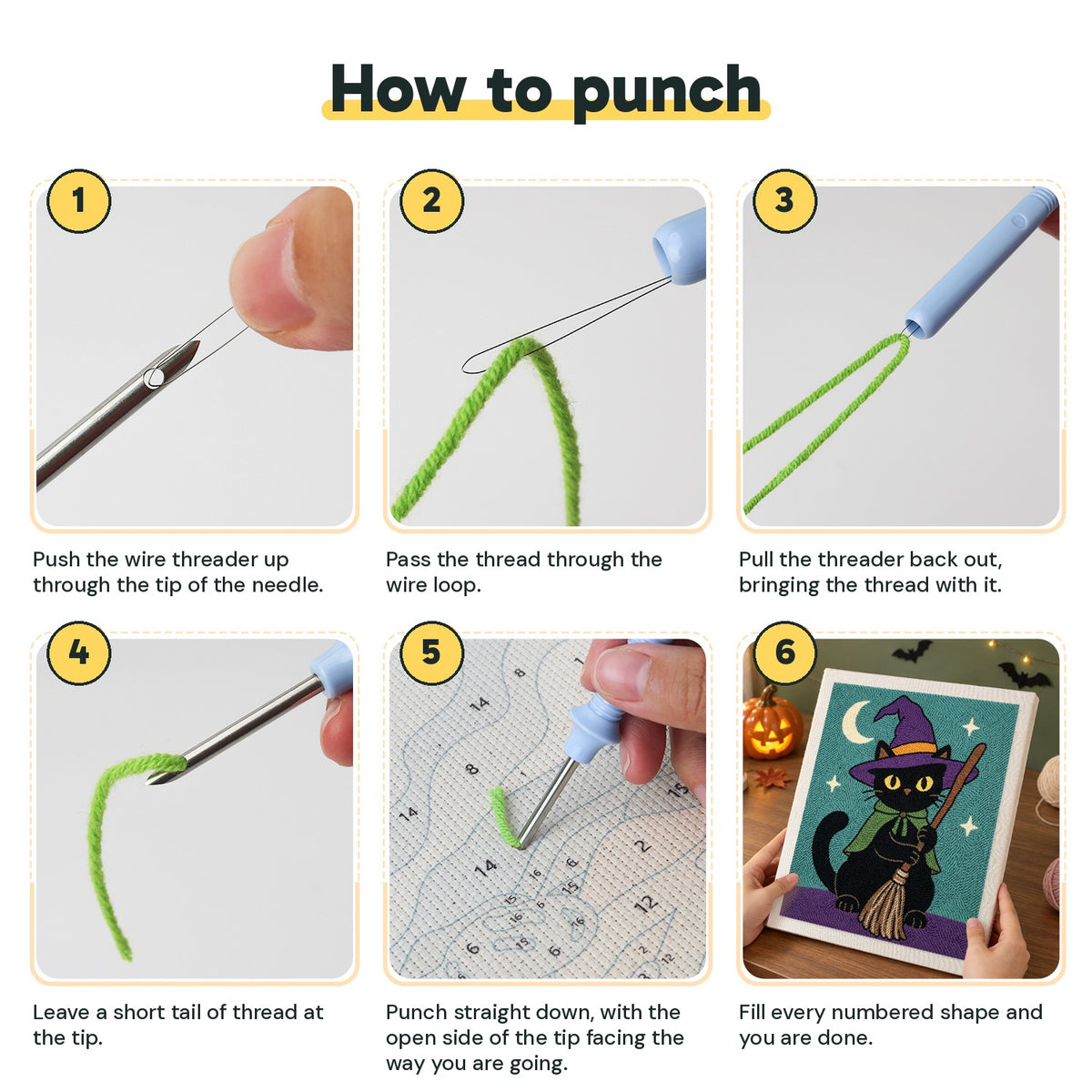 Six steps showing how to thread and use the punch needle