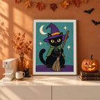 Finished Green Cape Witch Cat punch needle canvas on a wall