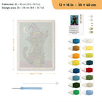 Green Cape Witch Cat punch needle kit, 12 × 16 in (30 × 40 cm): canvas size and kit contents