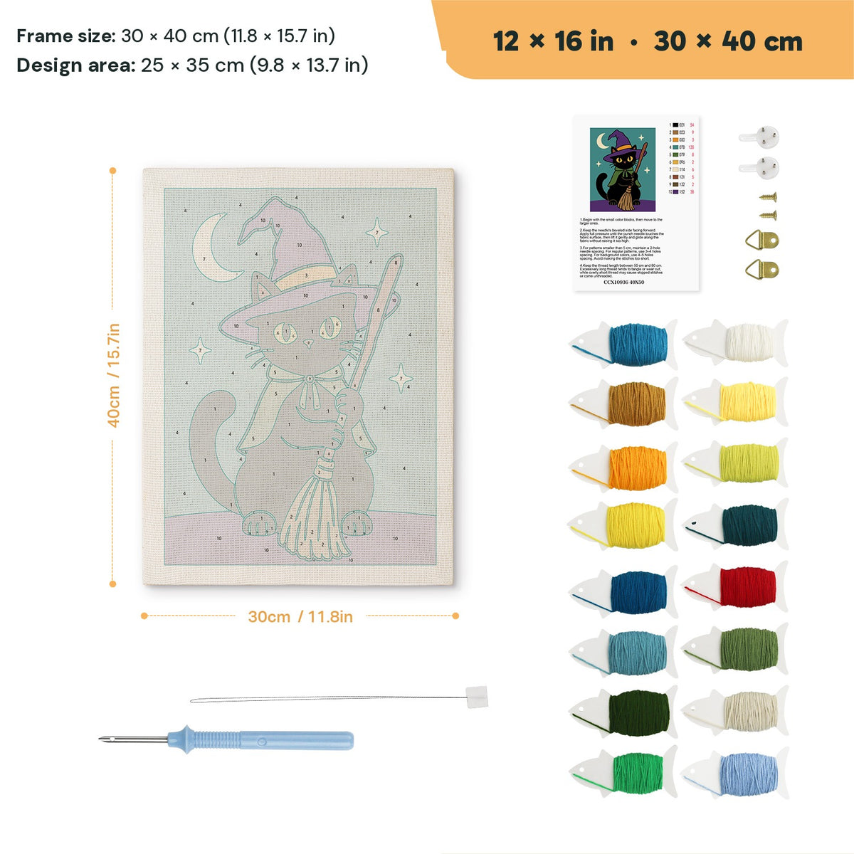 Green Cape Witch Cat punch needle kit, 12 × 16 in (30 × 40 cm): canvas size and kit contents