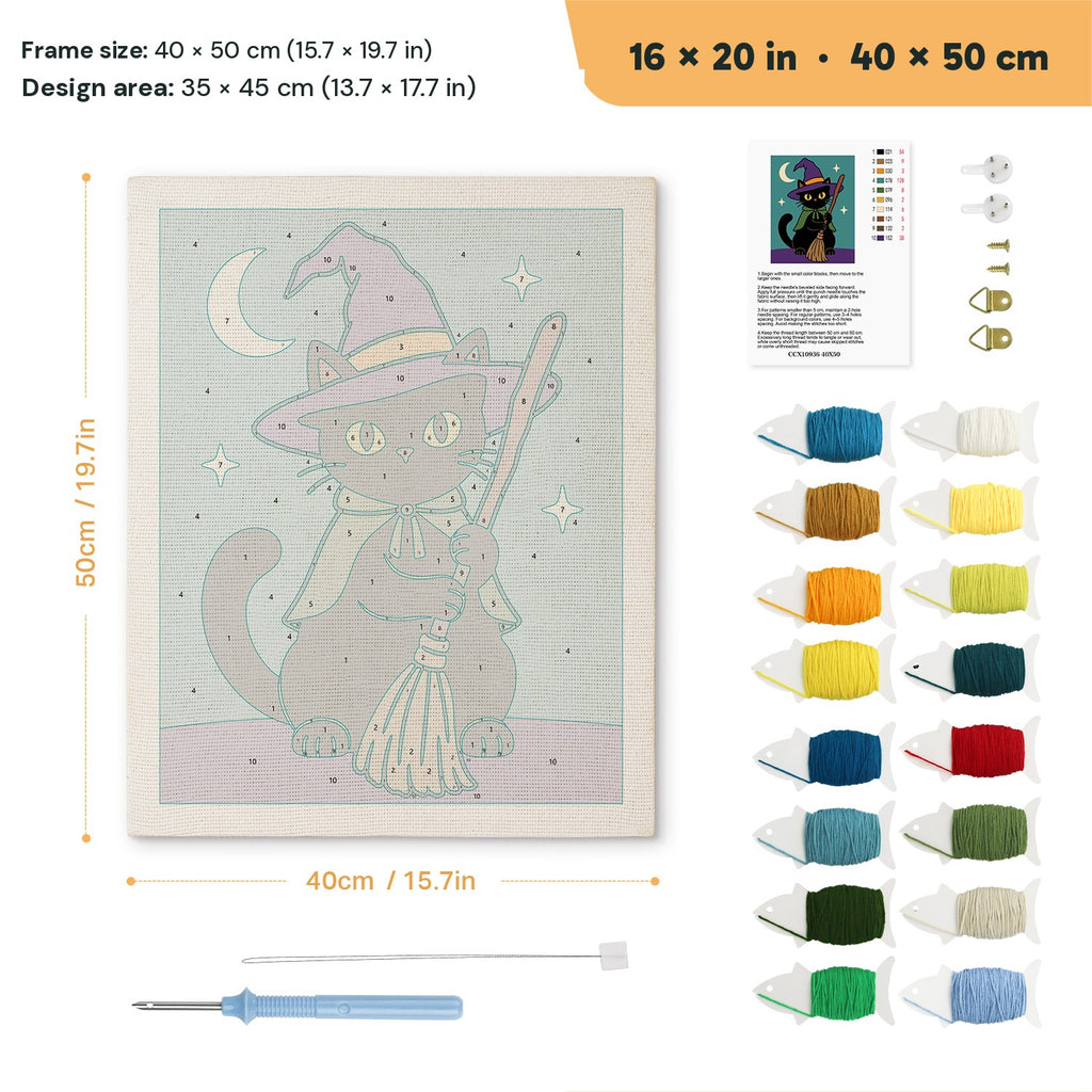 Green Cape Witch Cat punch needle kit, 16 × 20 in (40 × 50 cm): canvas size and kit contents