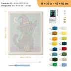 Green Cape Witch Cat punch needle kit, 16 × 20 in (40 × 50 cm): canvas size and kit contents