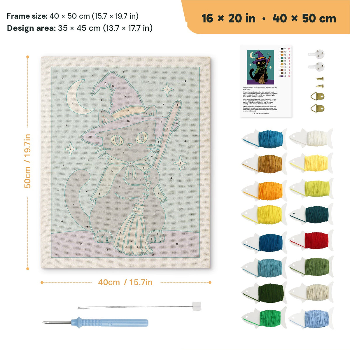 Green Cape Witch Cat punch needle kit, 16 × 20 in (40 × 50 cm): canvas size and kit contents