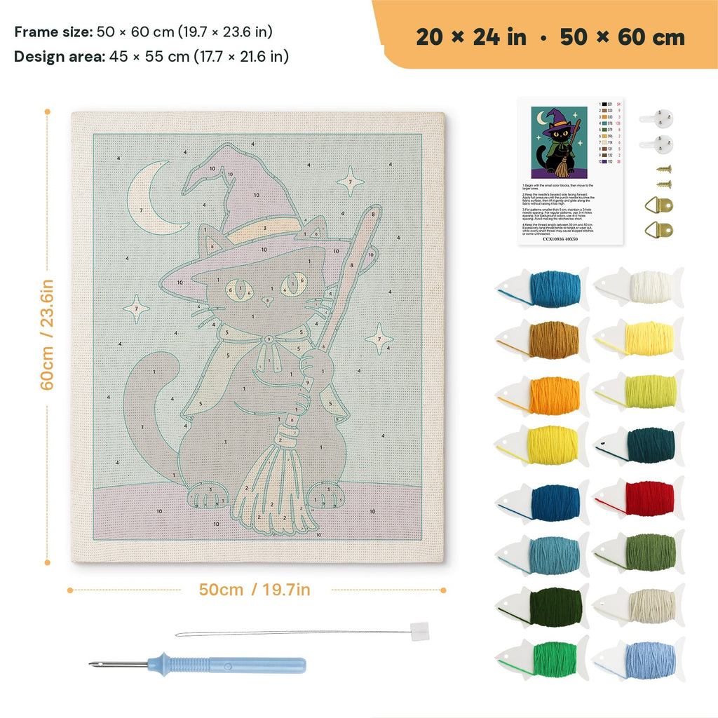 Green Cape Witch Cat punch needle kit, 20 × 24 in (50 × 60 cm): canvas size and kit contents