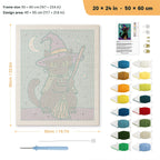 Green Cape Witch Cat punch needle kit, 20 × 24 in (50 × 60 cm): canvas size and kit contents