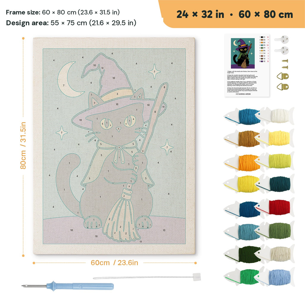 Green Cape Witch Cat punch needle kit, 24 × 32 in (60 × 80 cm): canvas size and kit contents