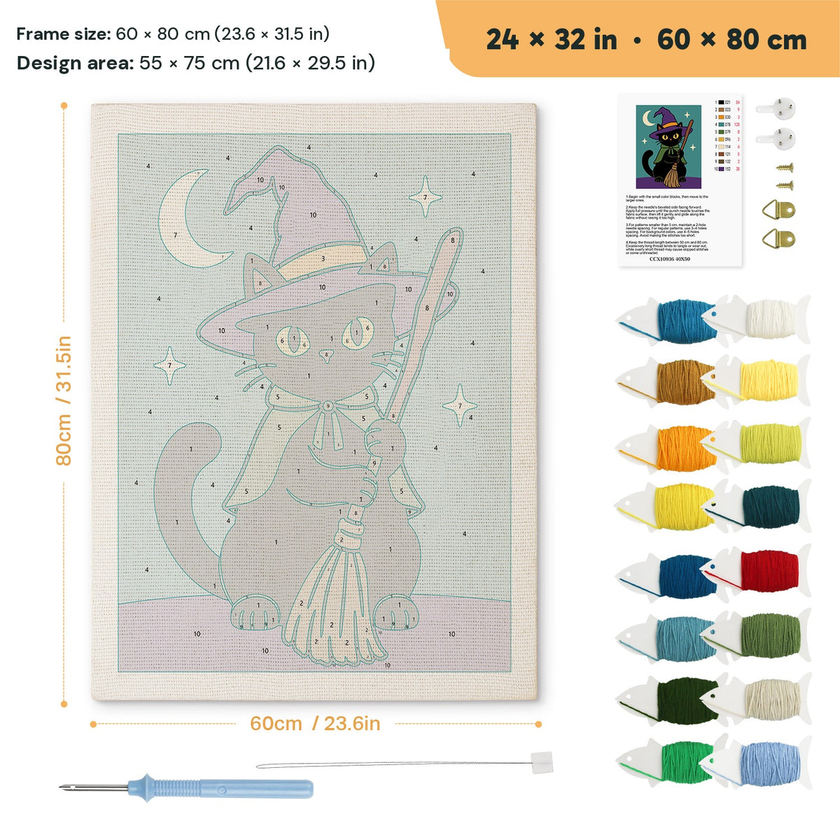 Green Cape Witch Cat punch needle kit, 24 × 32 in (60 × 80 cm): canvas size and kit contents