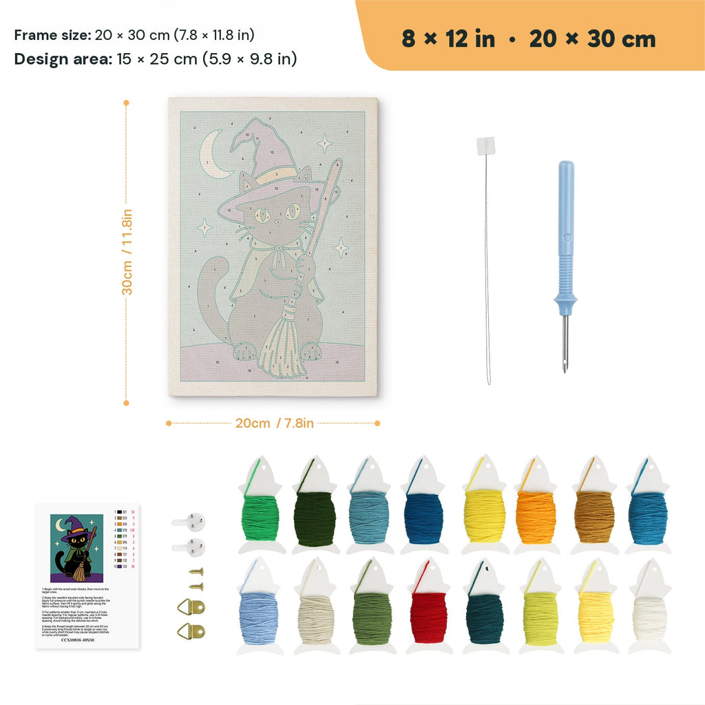 Green Cape Witch Cat punch needle kit, 8 × 12 in (20 × 30 cm): canvas size and kit contents