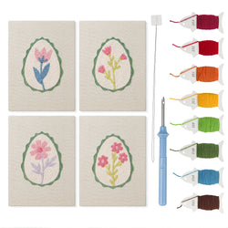 Green Egg Posies mini punch needle kit set: four finished canvases with threads, punch needle and threader