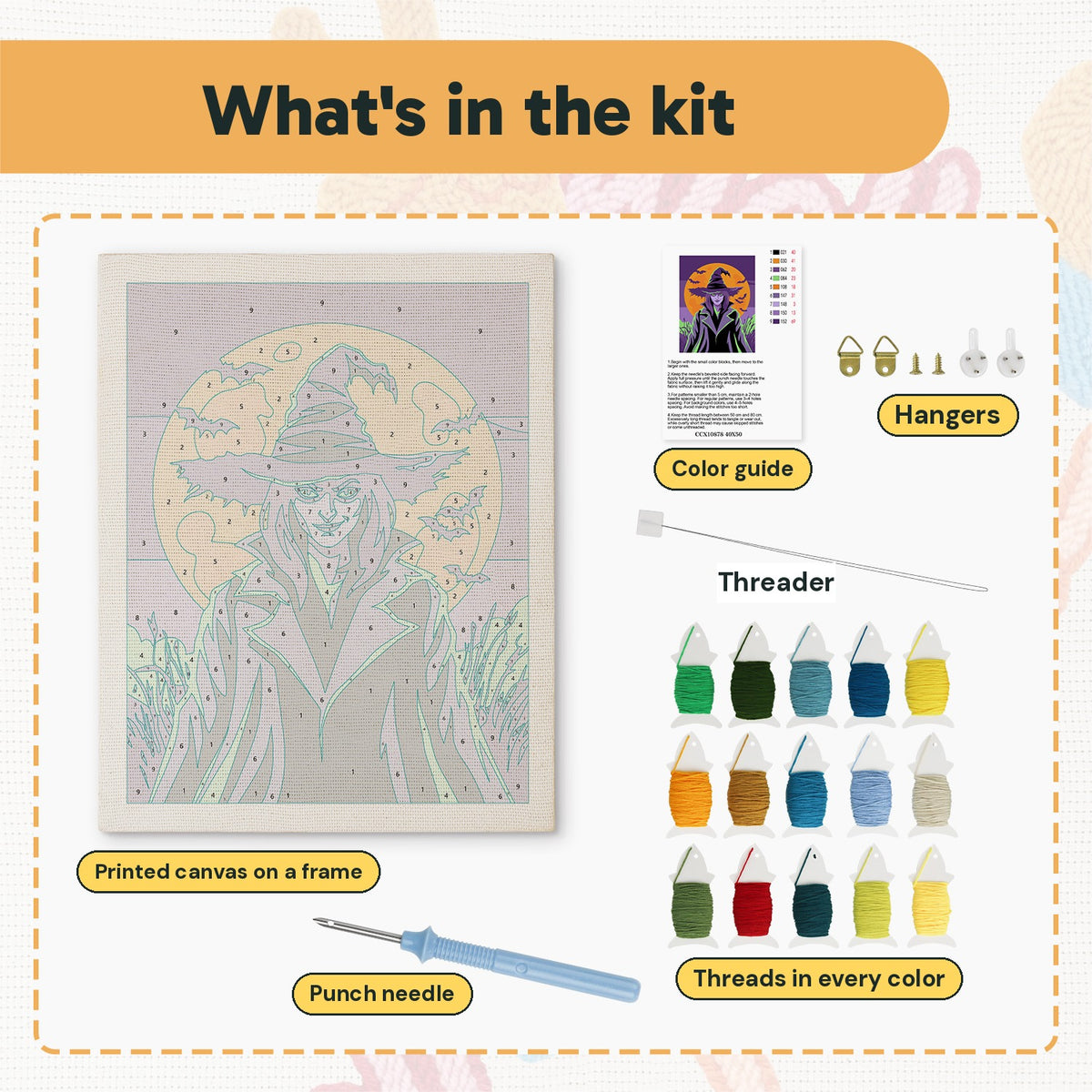What is in the Green-Eyed Witch kit: printed canvas, punch needle, threader, threads, color guide and hangers