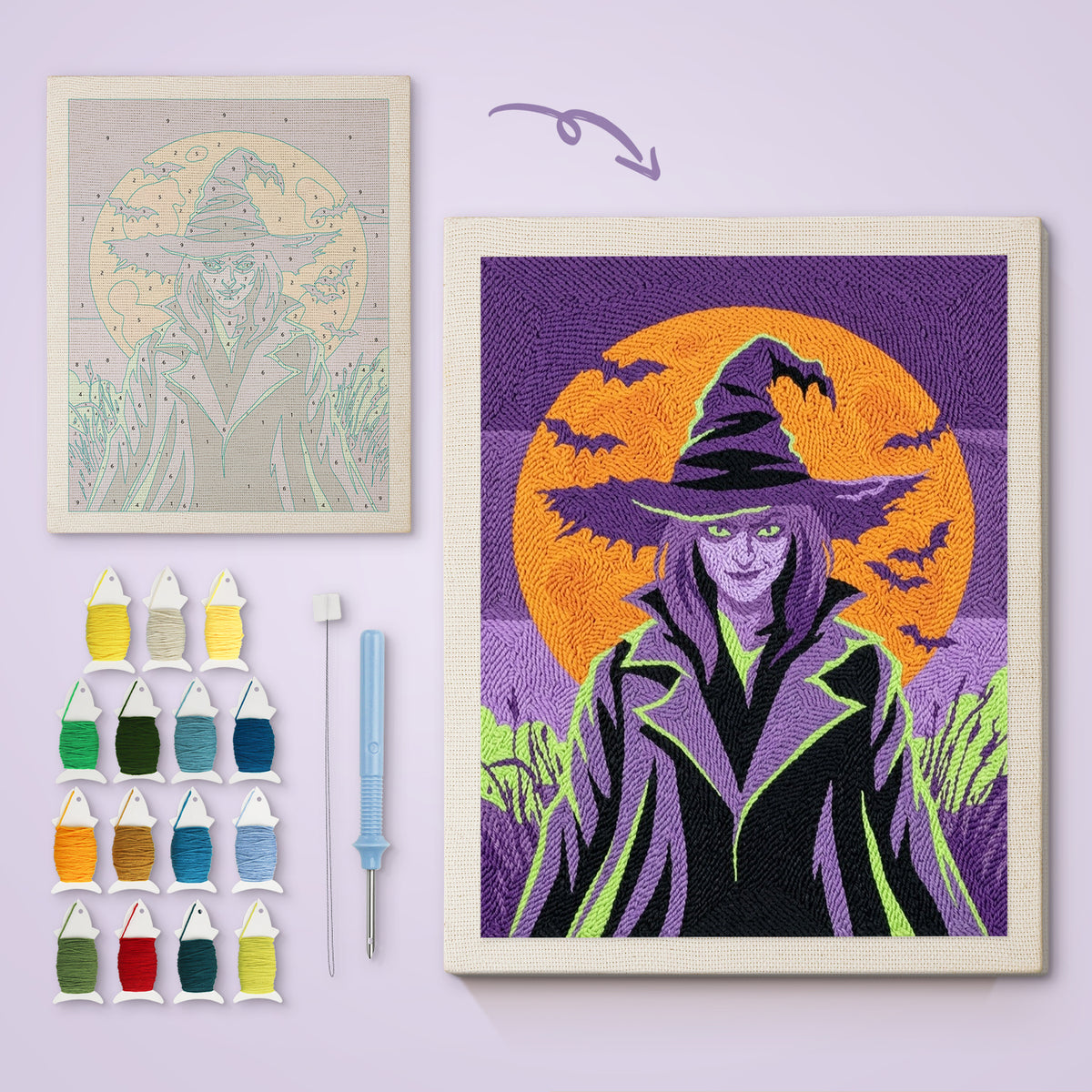 Green-Eyed Witch canvas before and after punching, with the threads and tools