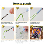 Six steps showing how to thread and use the punch needle
