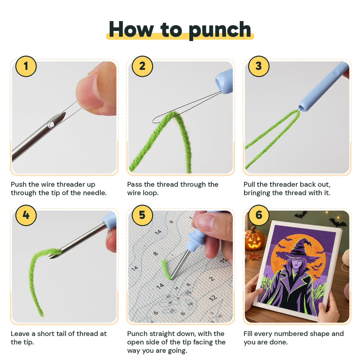 Six steps showing how to thread and use the punch needle