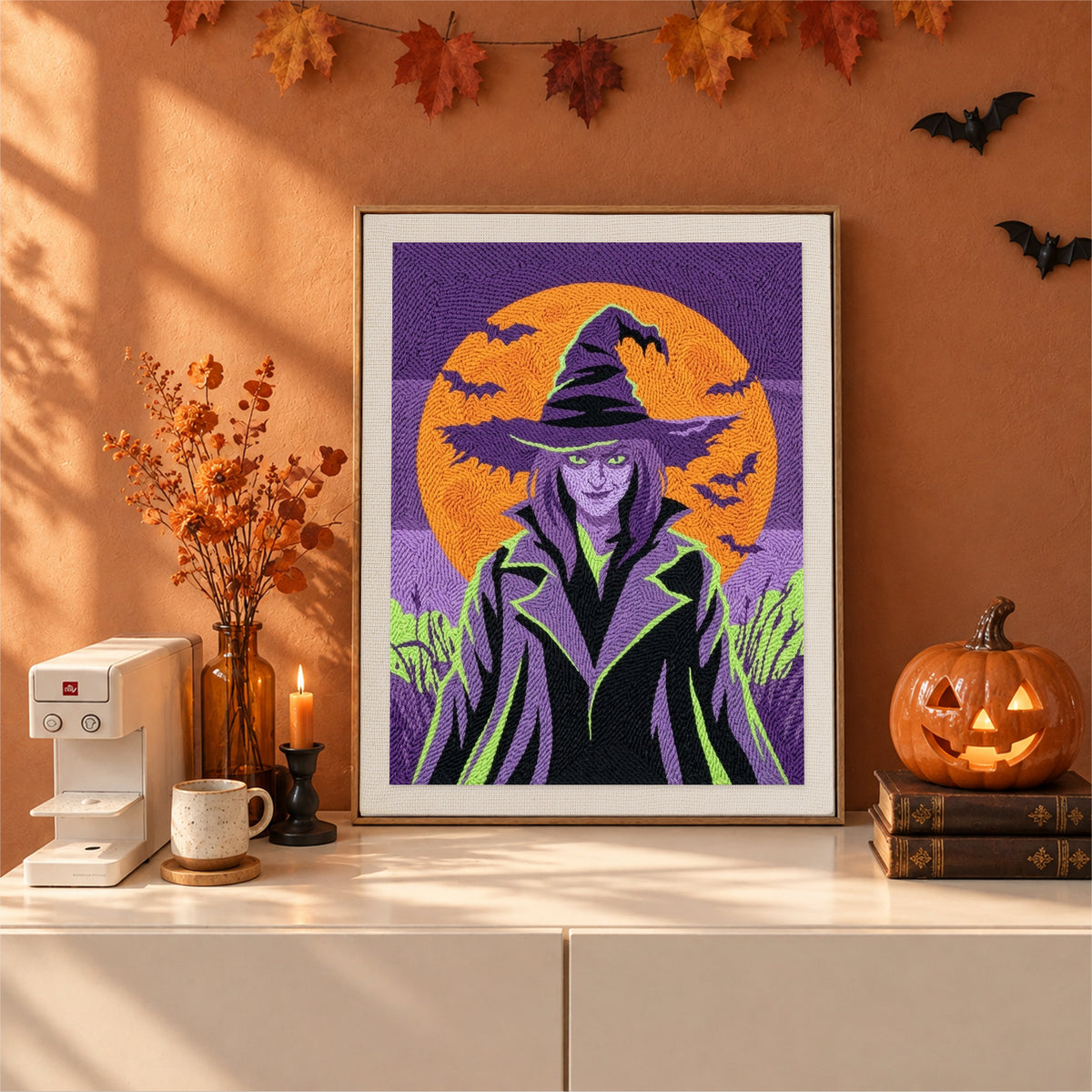 Finished Green-Eyed Witch punch needle canvas on a wall