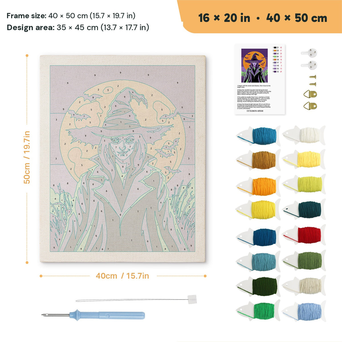 Green-Eyed Witch punch needle kit, 16 × 20 in (40 × 50 cm): canvas size and kit contents