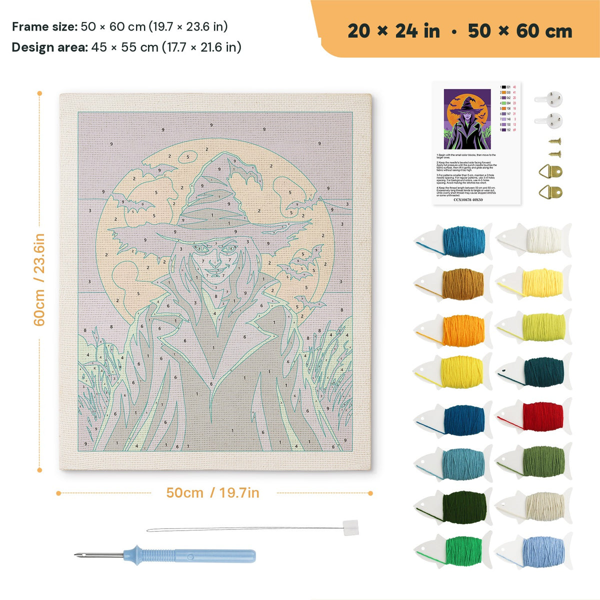 Green-Eyed Witch punch needle kit, 20 × 24 in (50 × 60 cm): canvas size and kit contents