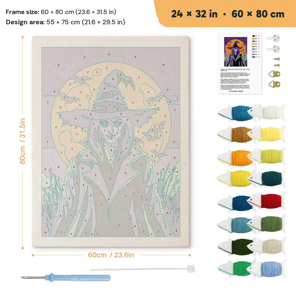 Green-Eyed Witch punch needle kit, 24 × 32 in (60 × 80 cm): canvas size and kit contents