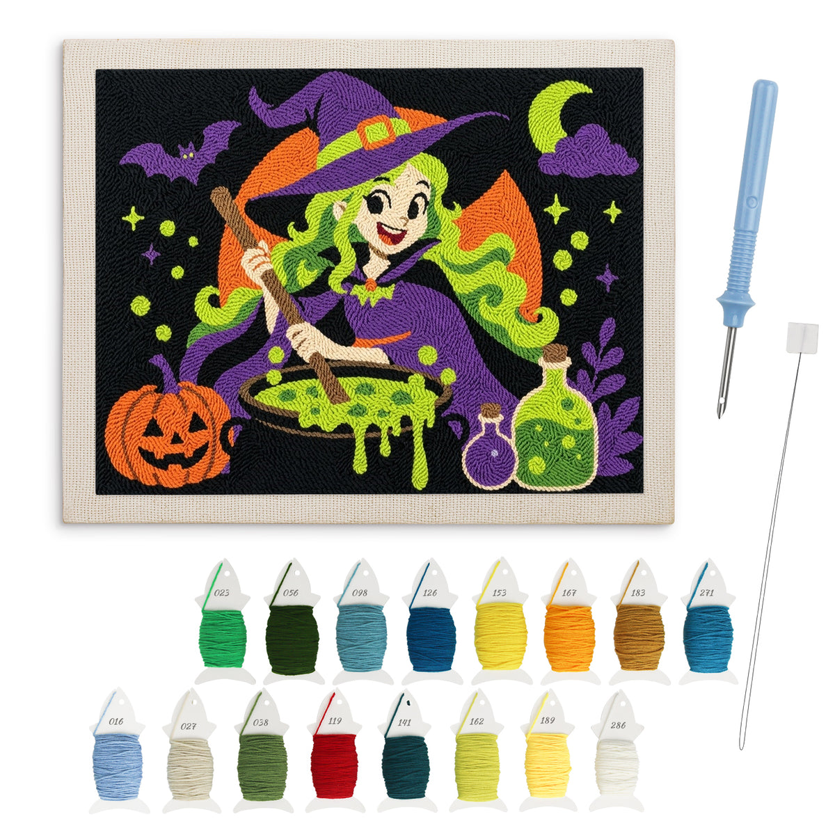 Green-Haired Potion Witch punch needle kit: finished canvas with threads, punch needle and threader