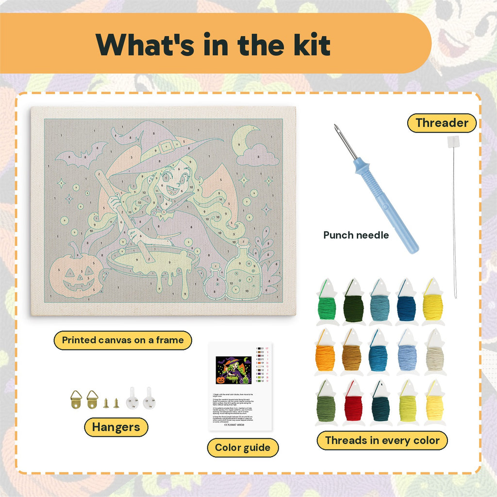 What is in the Green-Haired Potion Witch kit: printed canvas, punch needle, threader, threads, color guide and hangers