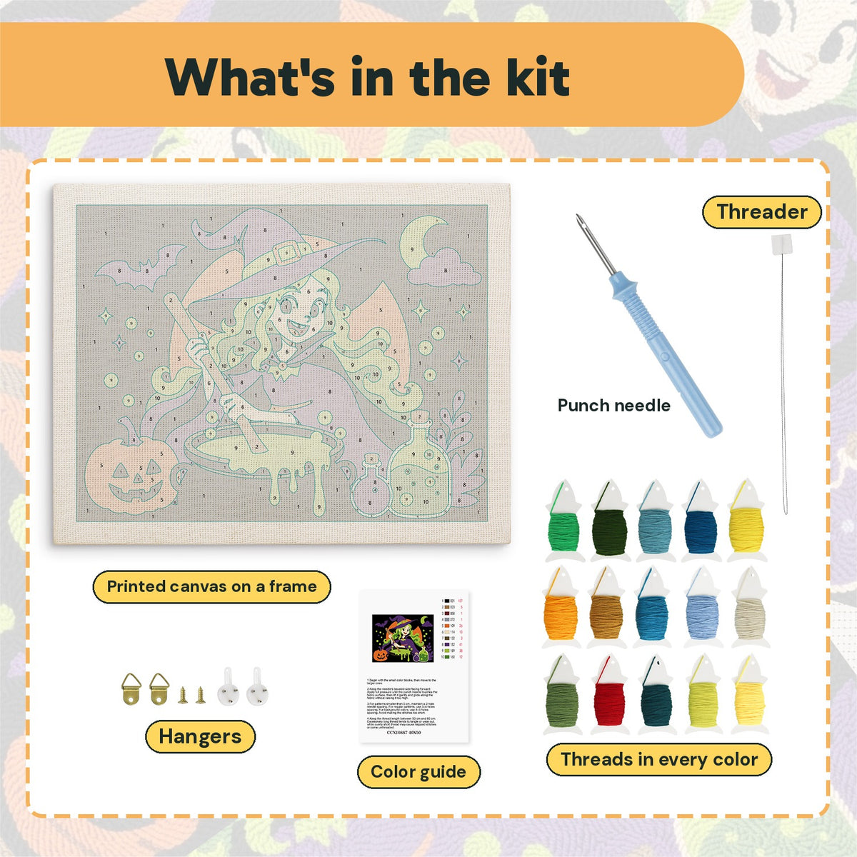 What is in the Green-Haired Potion Witch kit: printed canvas, punch needle, threader, threads, color guide and hangers