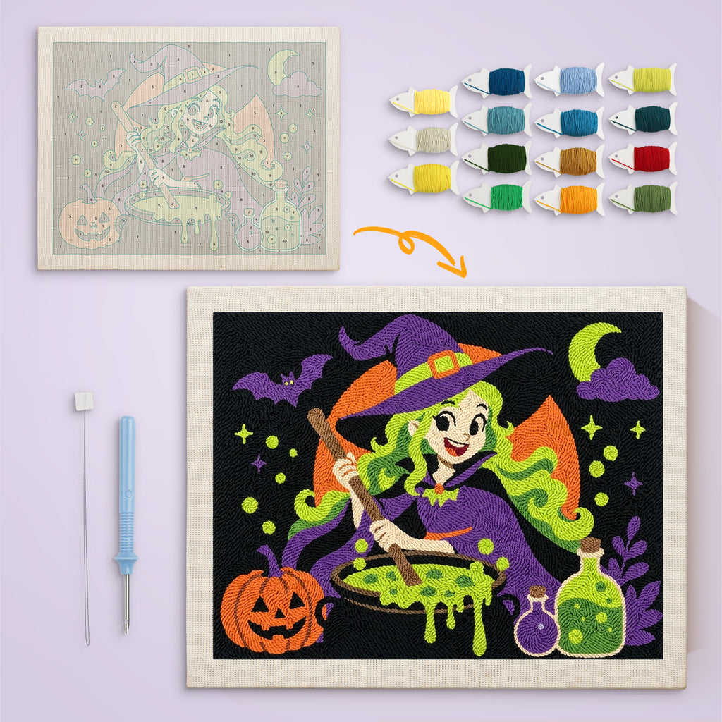 Green-Haired Potion Witch canvas before and after punching, with the threads and tools