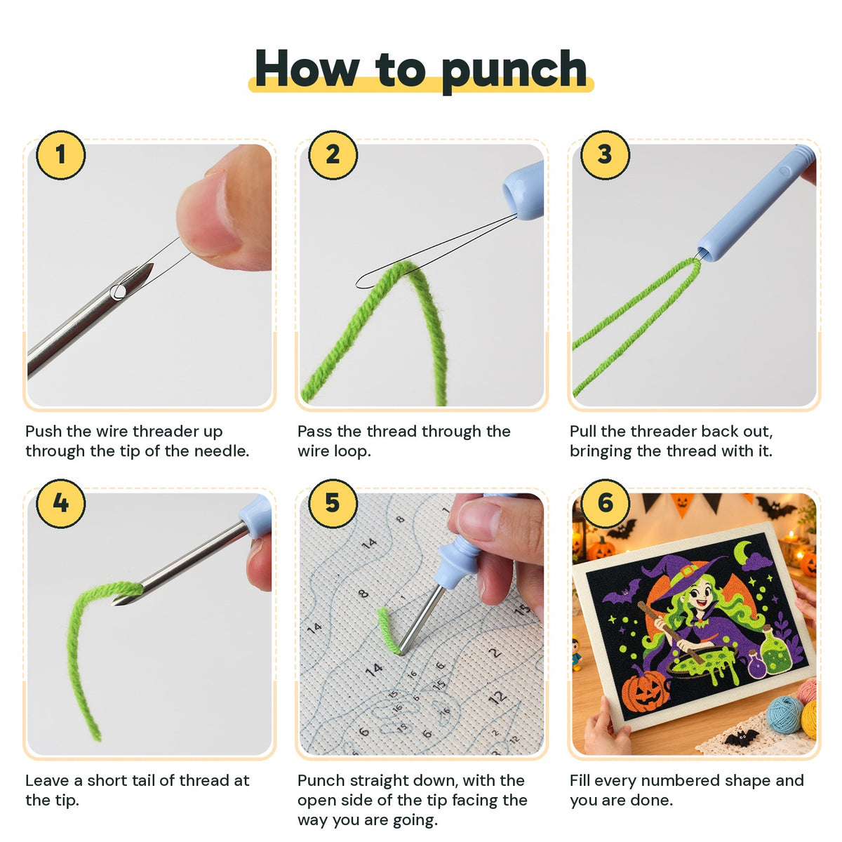 Six steps showing how to thread and use the punch needle