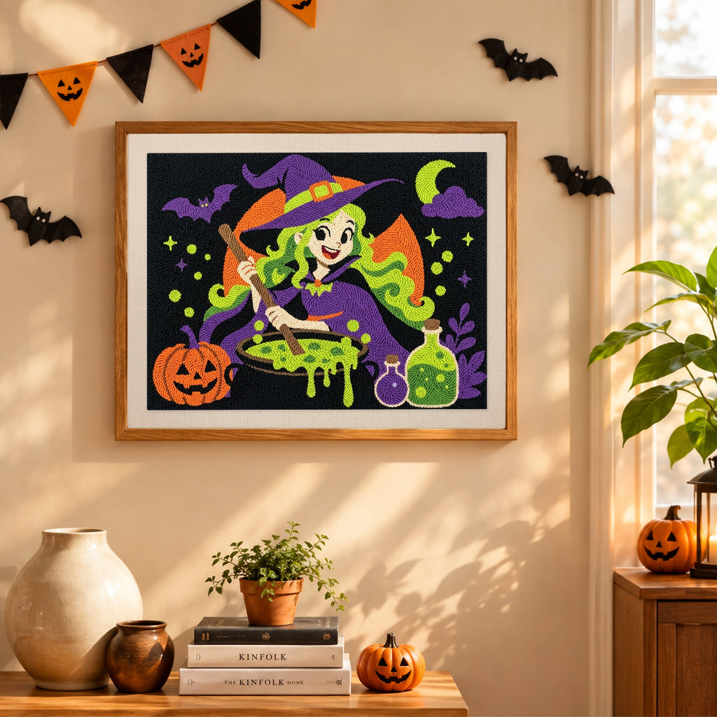Finished Green-Haired Potion Witch punch needle canvas on a wall
