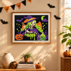 Finished Green-Haired Potion Witch punch needle canvas on a wall