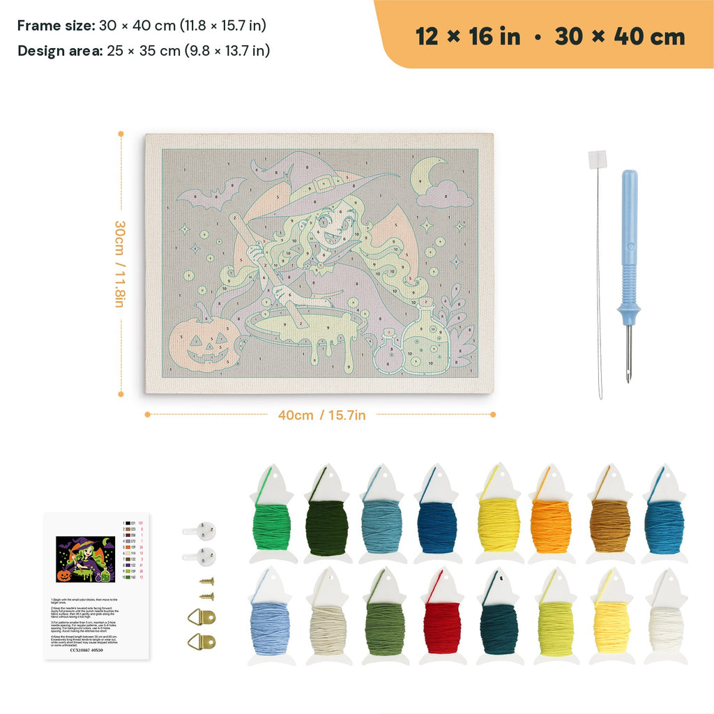 Green-Haired Potion Witch punch needle kit, 12 × 16 in (30 × 40 cm): canvas size and kit contents