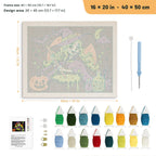 Green-Haired Potion Witch punch needle kit, 16 × 20 in (40 × 50 cm): canvas size and kit contents