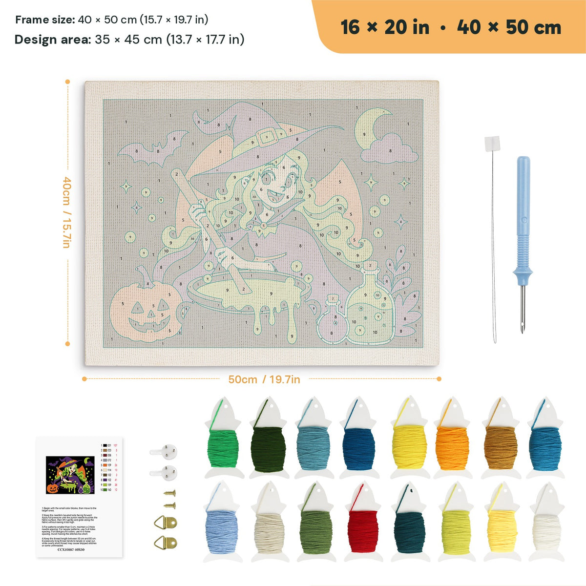 Green-Haired Potion Witch punch needle kit, 16 × 20 in (40 × 50 cm): canvas size and kit contents