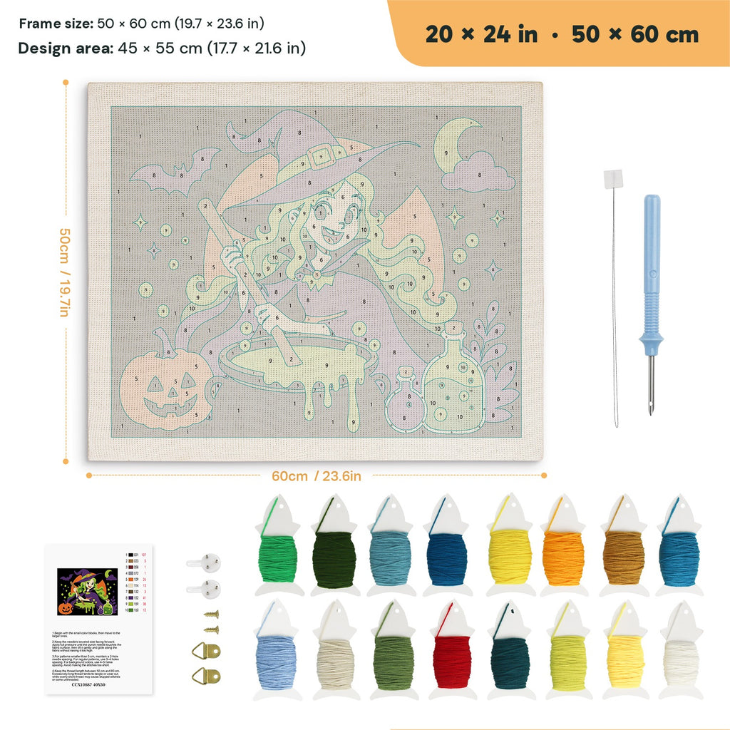 Green-Haired Potion Witch punch needle kit, 20 × 24 in (50 × 60 cm): canvas size and kit contents