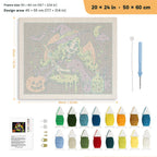 Green-Haired Potion Witch punch needle kit, 20 × 24 in (50 × 60 cm): canvas size and kit contents