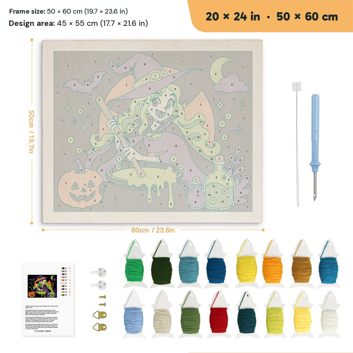 Green-Haired Potion Witch punch needle kit, 20 × 24 in (50 × 60 cm): canvas size and kit contents
