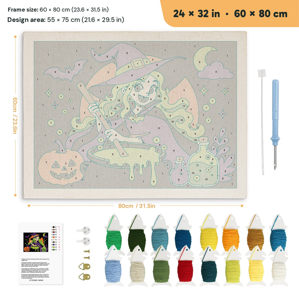 Green-Haired Potion Witch punch needle kit, 24 × 32 in (60 × 80 cm): canvas size and kit contents