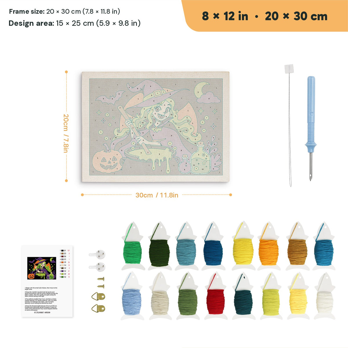 Green-Haired Potion Witch punch needle kit, 8 × 12 in (20 × 30 cm): canvas size and kit contents