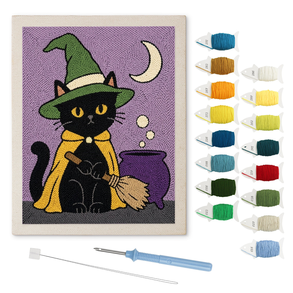 Green Hat Cauldron Cat punch needle kit: finished canvas with threads, punch needle and threader