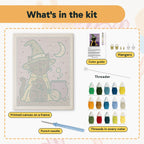 What is in the Green Hat Cauldron Cat kit: printed canvas, punch needle, threader, threads, color guide and hangers